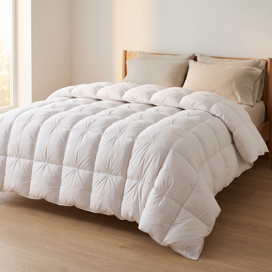 Down Comforter – White Goose Down, Puffy Pinch-Pleat in White – on a made bed with beige pillows in a sunlit bedroom