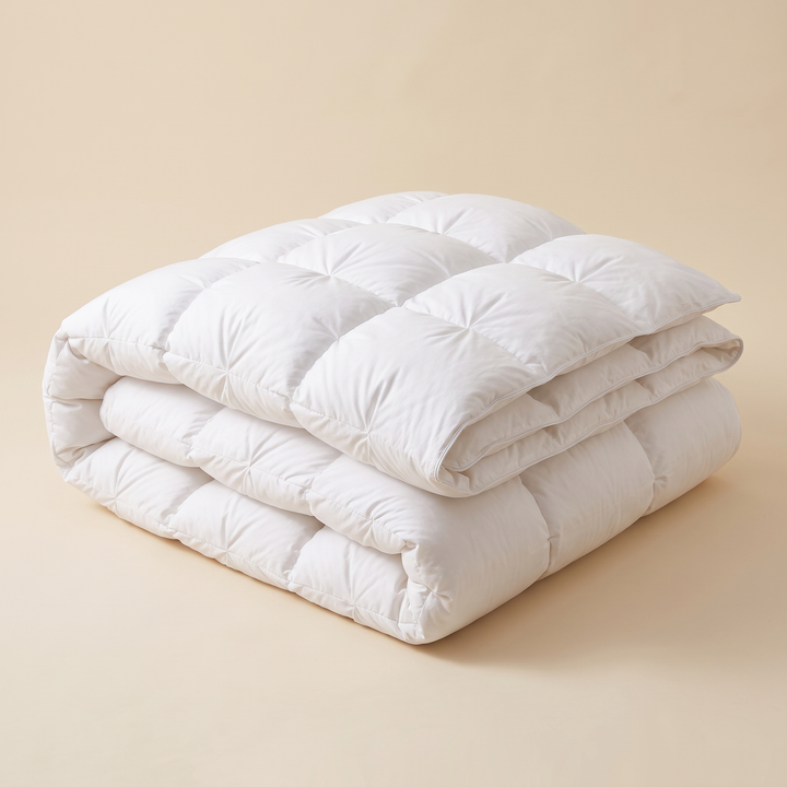 Down Comforter – White Goose Down, Puffy Pinch-Pleat in White – folded and stacked against a plain beige studio backdrop