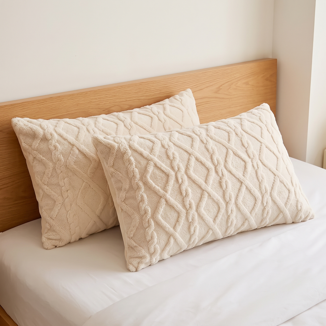 Embossed Velvet Pillowcases – Set of 2 in Beige – two pillows propped against a wooden headboard on a made bed