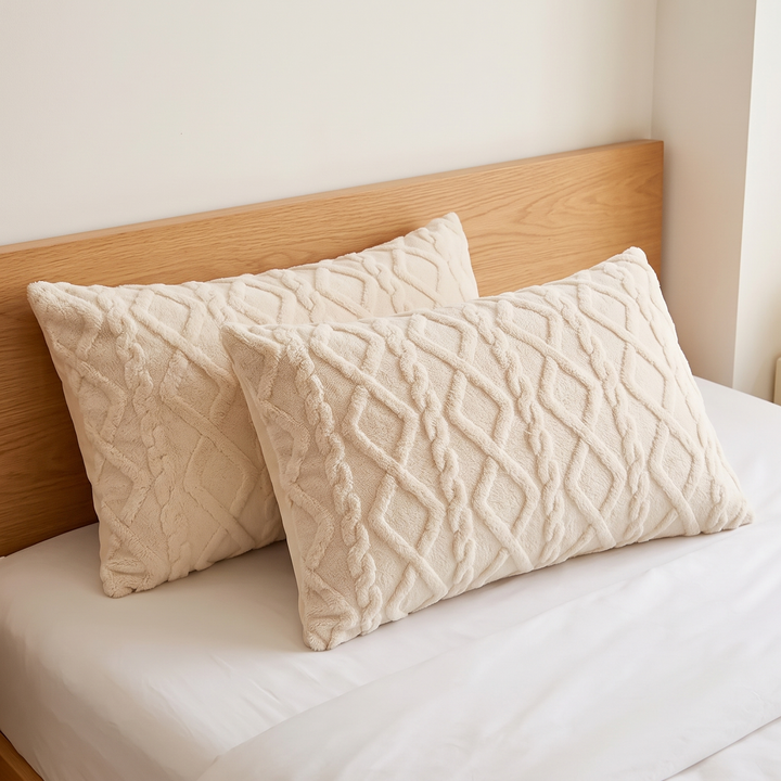 Embossed Velvet Pillowcases – Set of 2 in Beige – two pillows propped against a wooden headboard on a made bed