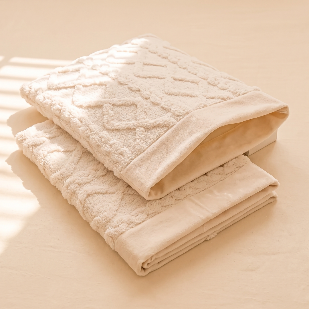 Embossed Velvet Pillowcases – Set of 2 in Beige – two folded pillowcases stacked on a plain surface in sunlight