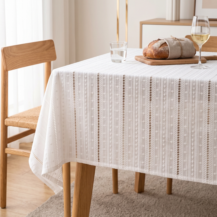 White Cotton Tablecloth – Embroidered in White – Openwork Stripe – on a dining table with bread, wine glass and rattan chair
