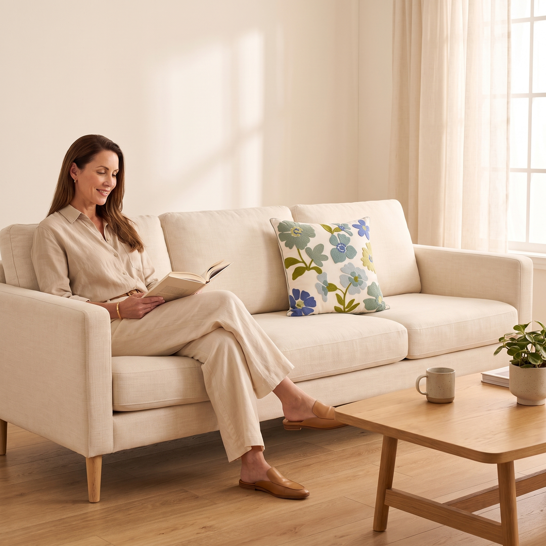 Embroidered Botanical Pillow Cover in Cream – Blue Floral – on a beige sofa beside a woman reading, in a sunlit living room