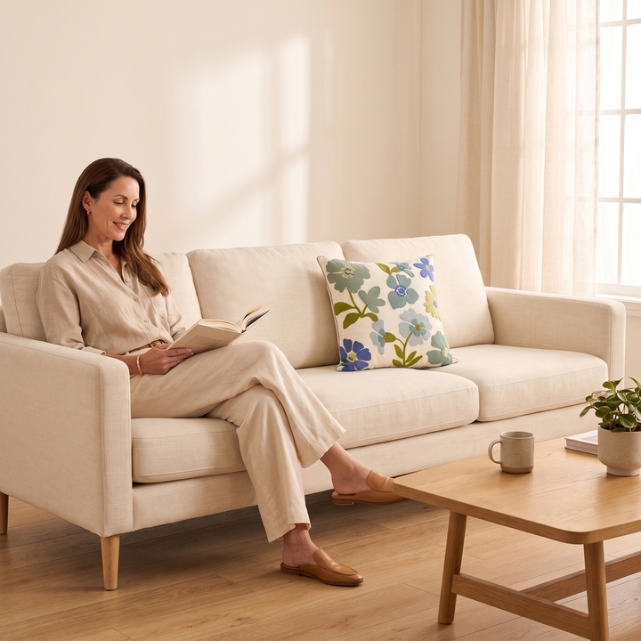 Embroidered Botanical Pillow Cover in Cream – Blue Floral – on a beige sofa beside a woman reading, in a sunlit living room