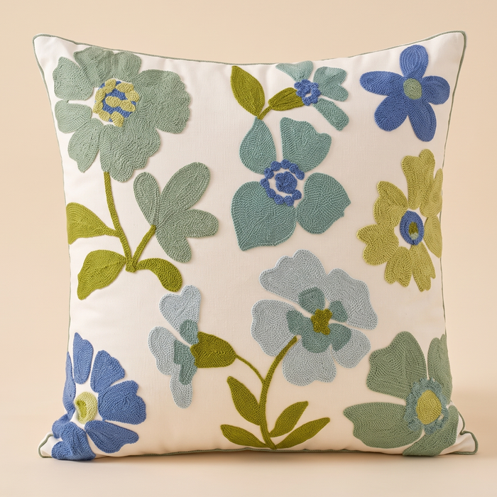 Embroidered Botanical Pillow Cover