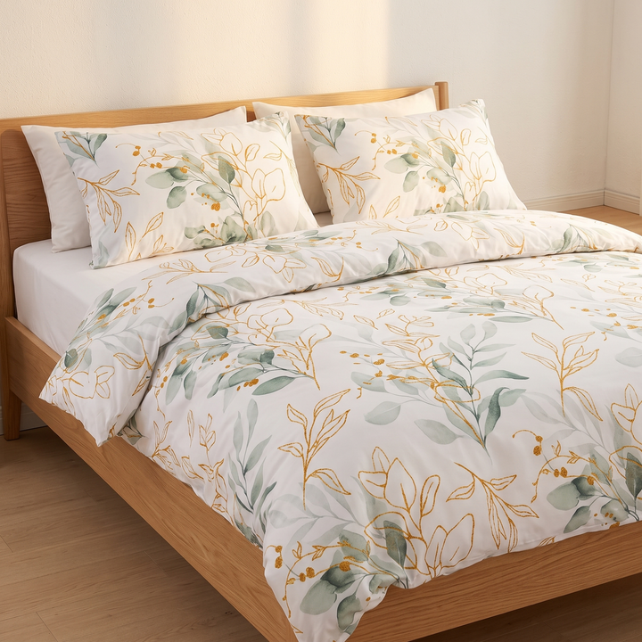 Eucalyptus Leaf Duvet Cover Set in Sage Eucalyptus – on a made bed with wooden frame and matching pillows