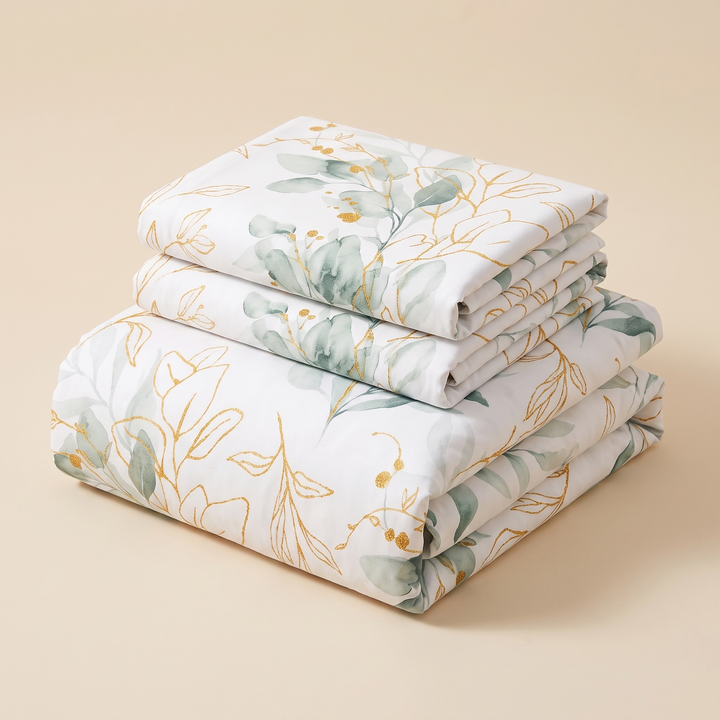 Eucalyptus Leaf Duvet Cover Set in Sage Eucalyptus – folded stack of duvet cover and pillowcases on a plain beige background