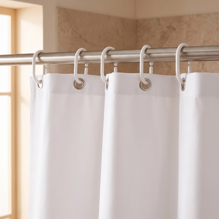 Fabric Shower Curtain Liner with Hooks in White – close-up of top grommets and plastic hooks on rod