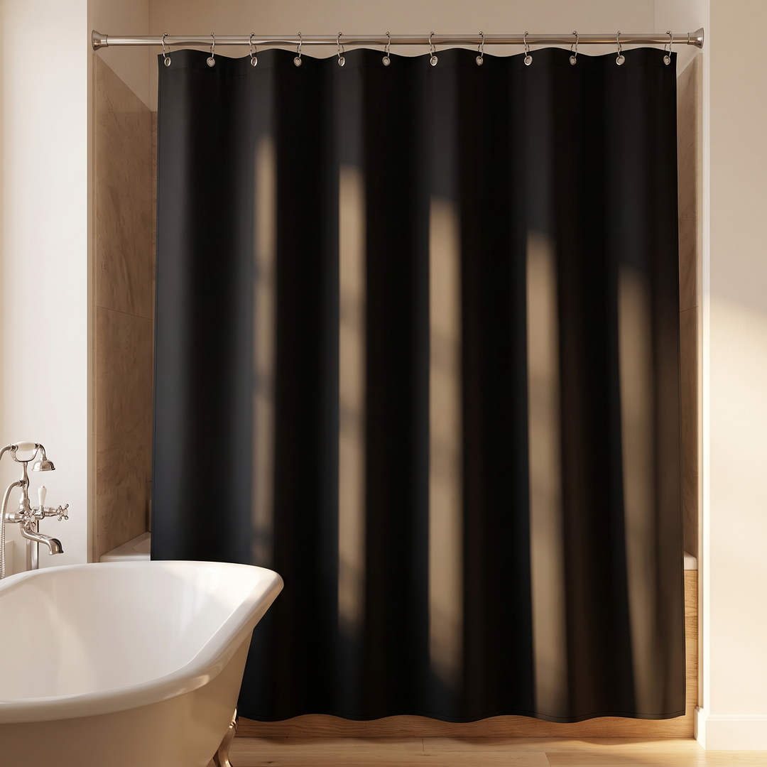 Fabric Shower Curtain Liner with Hooks in Black – full length with sunlight stripes beside a clawfoot tub