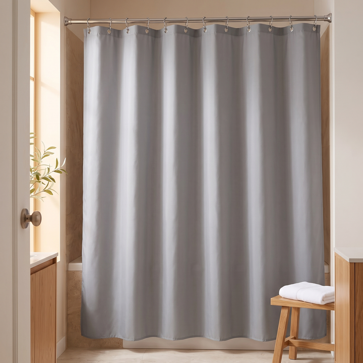 Fabric Shower Curtain Liner with Hooks in Gray – fully closed front view beside wooden stool with folded towel