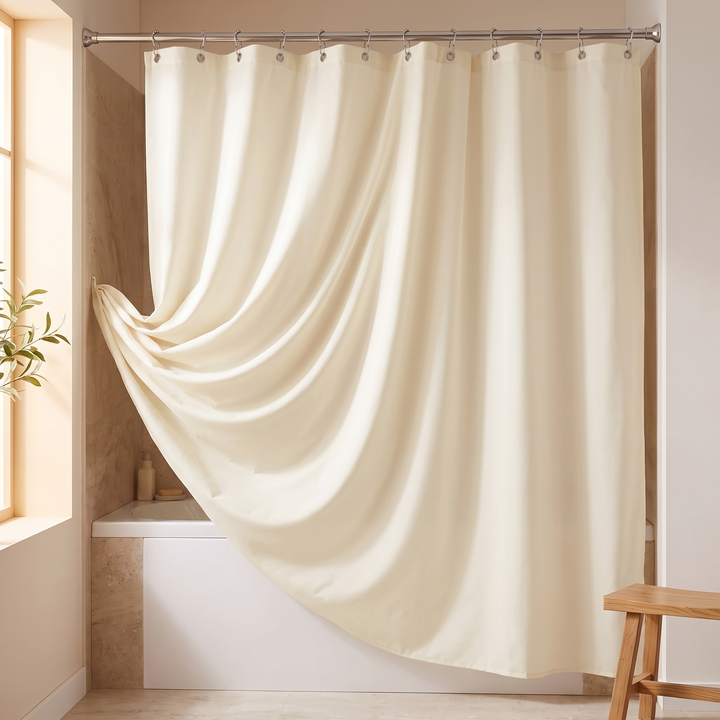 Fabric Shower Curtain Liner with Hooks in Cream – draped in soft diagonal folds over a tub, wooden stool nearby