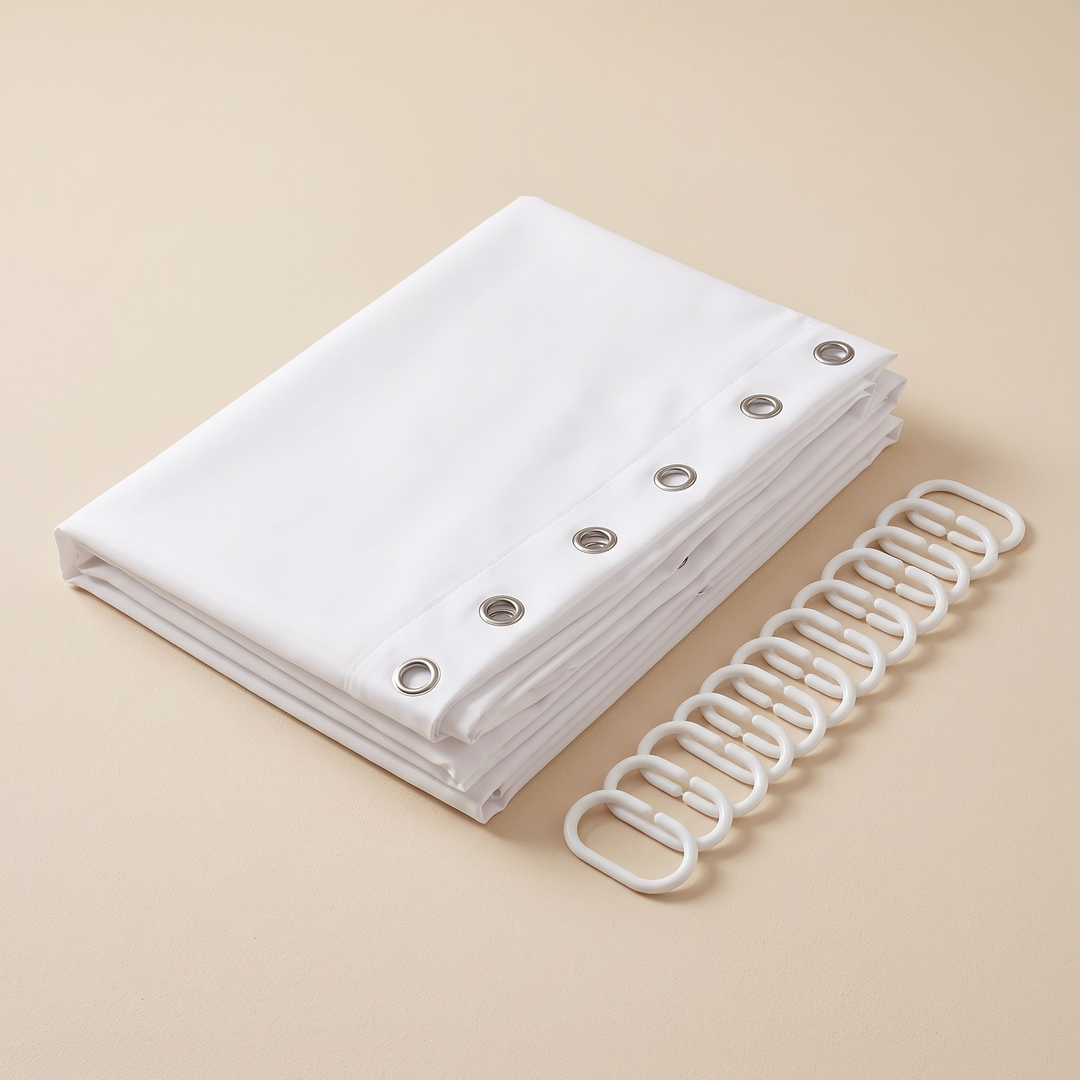 Fabric Shower Curtain Liner with Hooks in White – folded flat with row of grommets and loose plastic hooks beside it