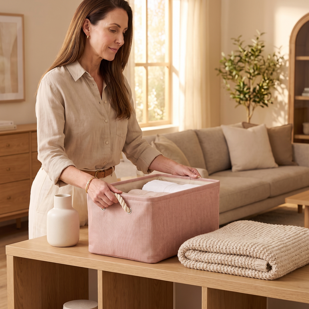 Foldable Fabric Storage Bin with Handles in Dusty Pink – held by a woman on a wooden console in a sunlit living room