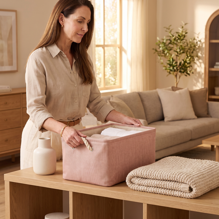 Foldable Fabric Storage Bin with Handles in Dusty Pink – held by a woman on a wooden console in a sunlit living room