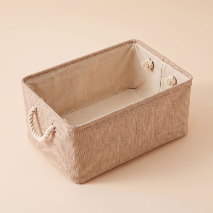Foldable Fabric Storage Bin with Handles in Beige – high angle showing inner lining and knotted rope handles