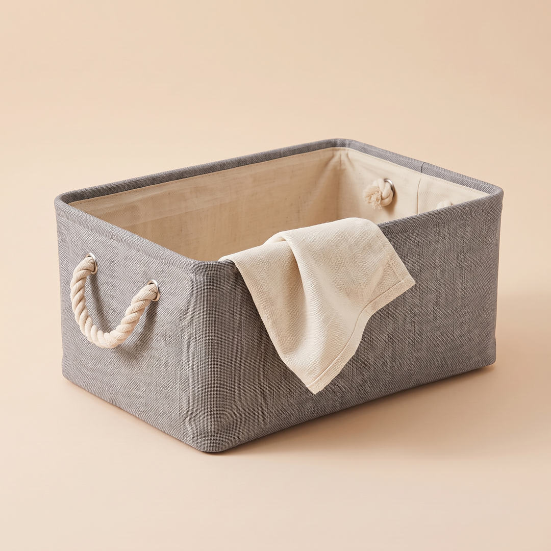 Foldable Fabric Storage Bin with Handles in Gray – with a linen cloth draped over the front rim