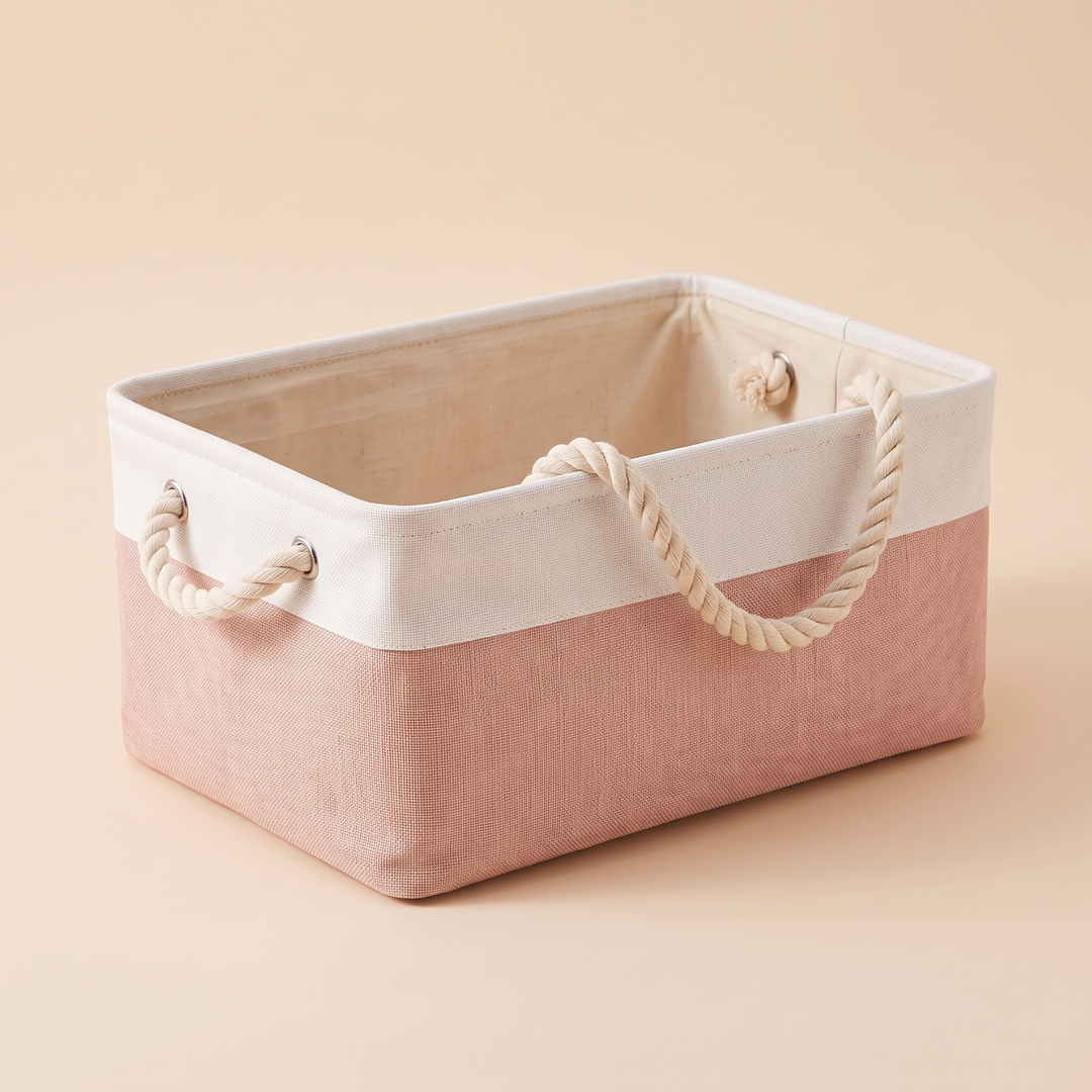 Foldable Fabric Storage Bin with Handles in White &amp; Pink – long side facing front, rope handle standing upright