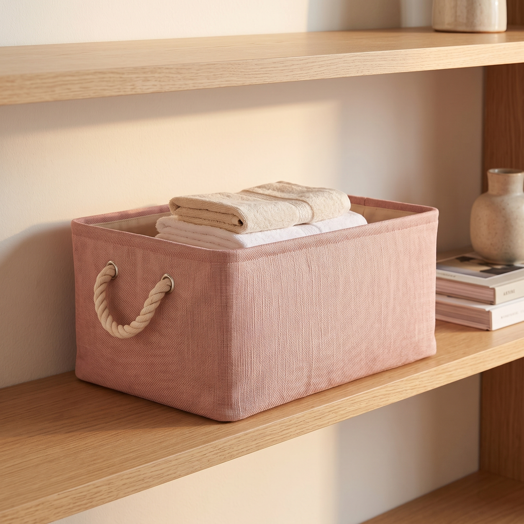 Foldable Fabric Storage Bin with Handles in Dusty Pink – on an oak shelf holding folded towels, beside books and vase