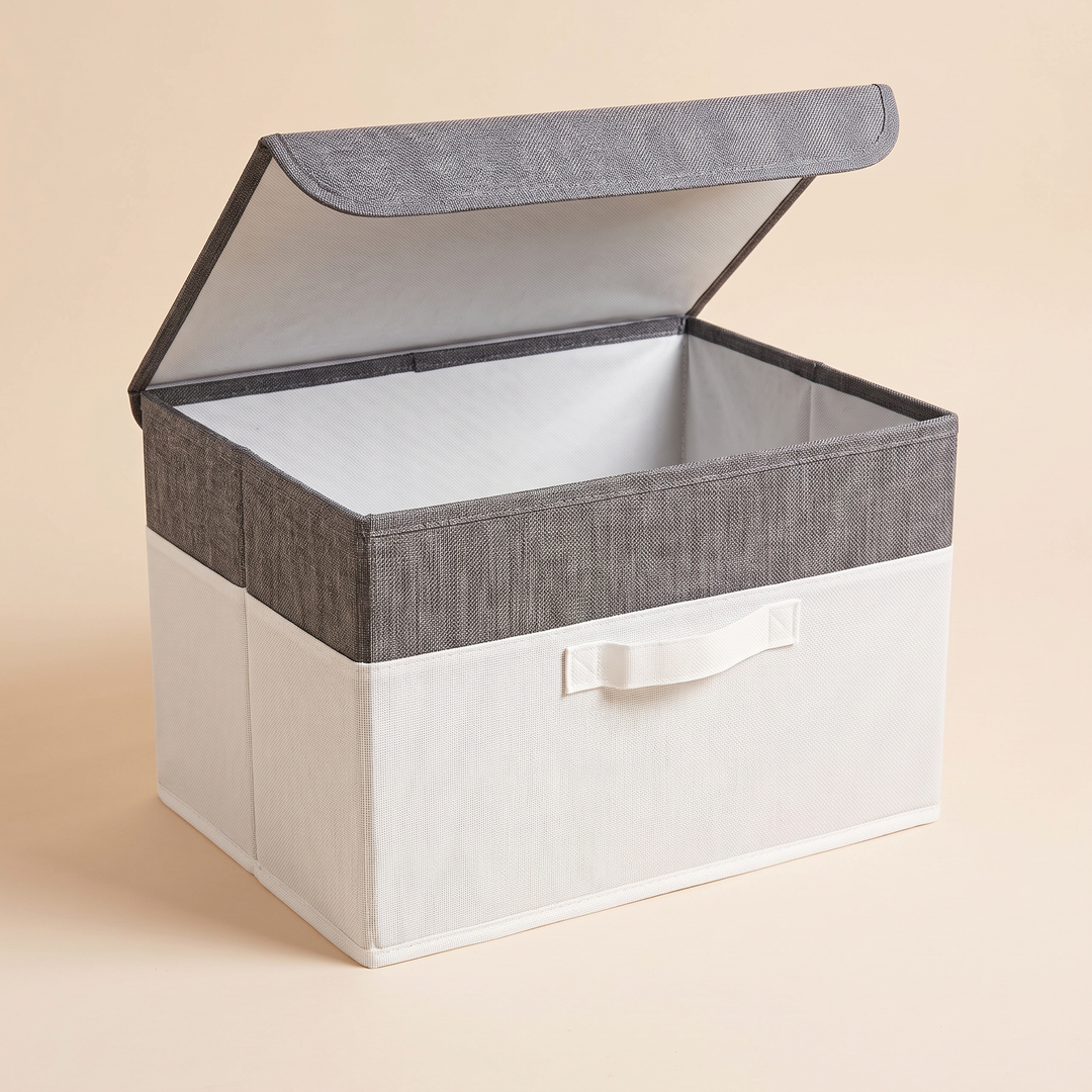 Fabric Storage Bin with Lid – Foldable in Charcoal &amp; White – lid lifted back to show the inner lining and front handle