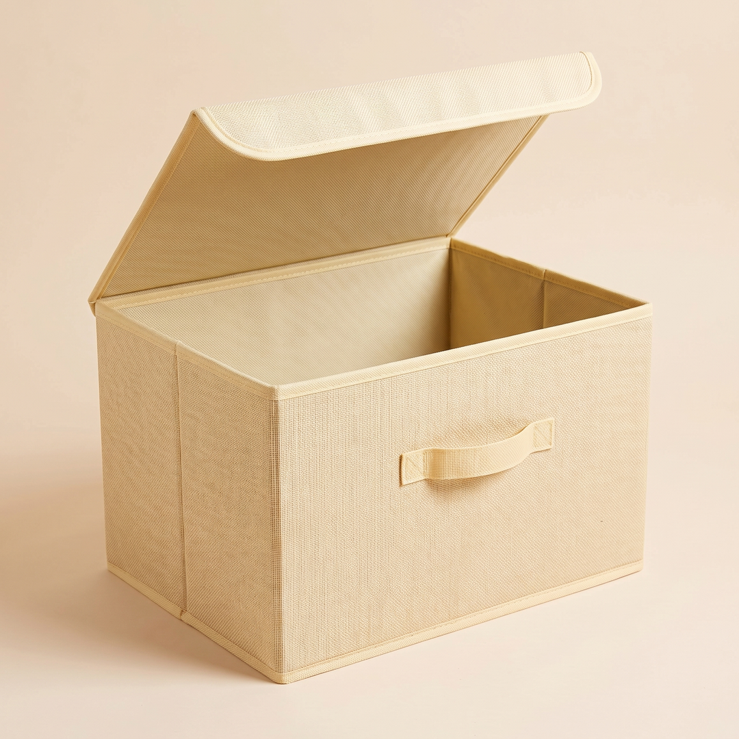 Fabric Storage Bin with Lid – Foldable in Light Yellow – lid swung back wide with its underside facing the camera