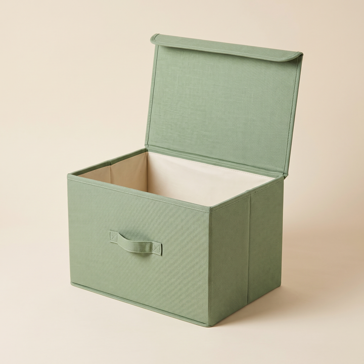 Fabric Storage Bin with Lid – Foldable in Sage – lid open upright, front handle and side seam both visible