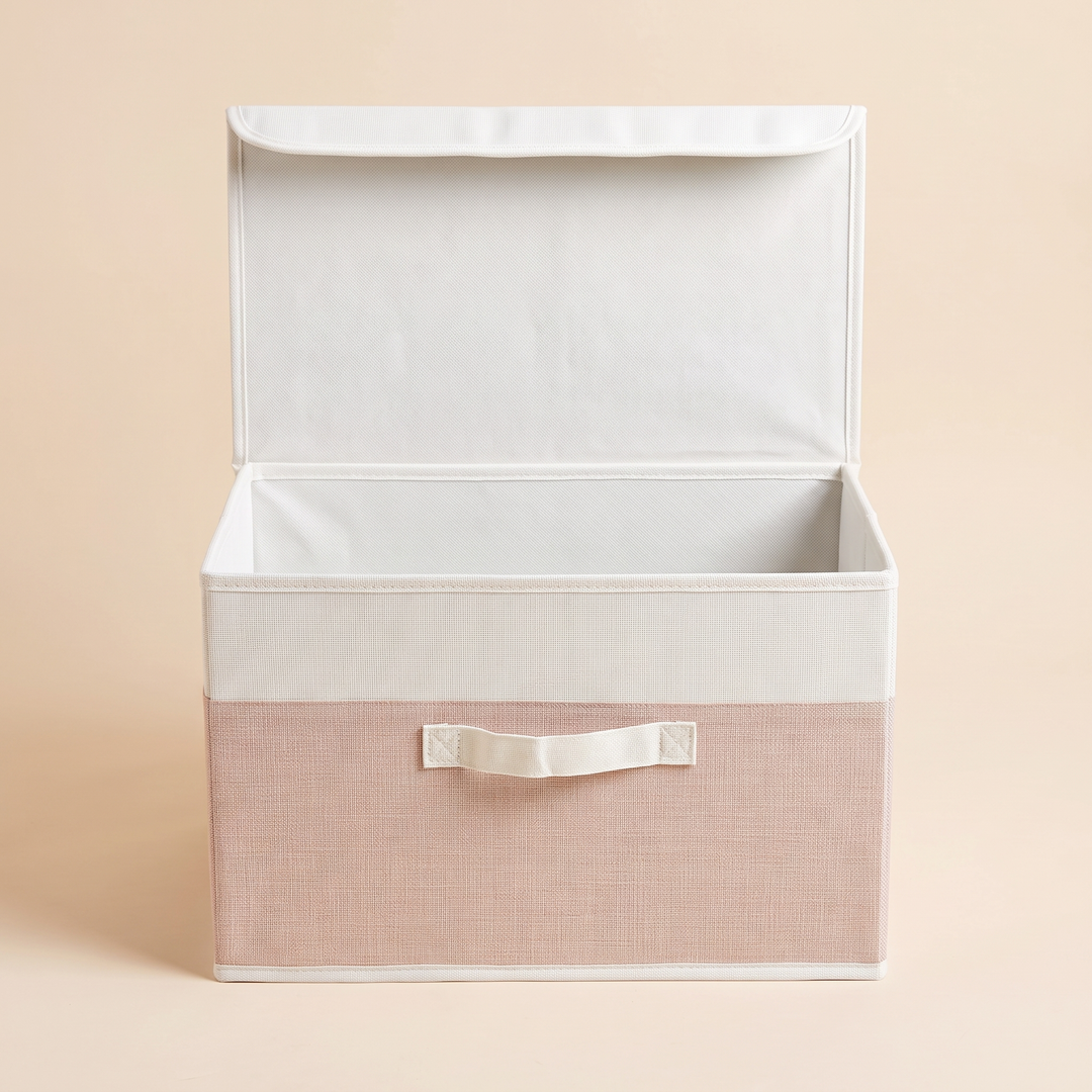 Fabric Storage Bin with Lid – Foldable in White &amp; Blush – symmetrical head-on front view with lid standing open, empty inside