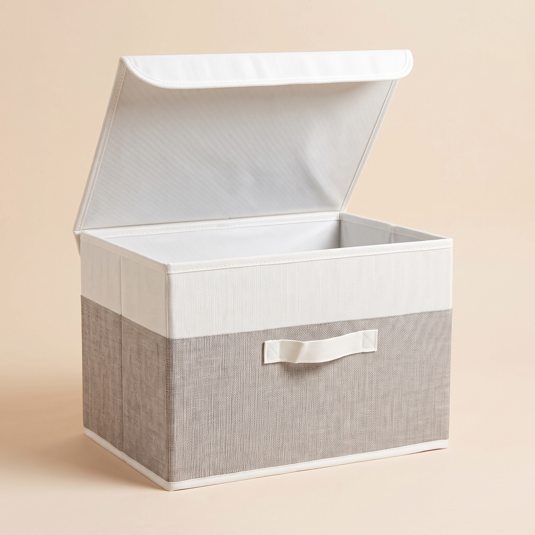 Fabric Storage Bin with Lid – Foldable in White &amp; Gray – raised lid tilted back, showing empty interior from slightly above