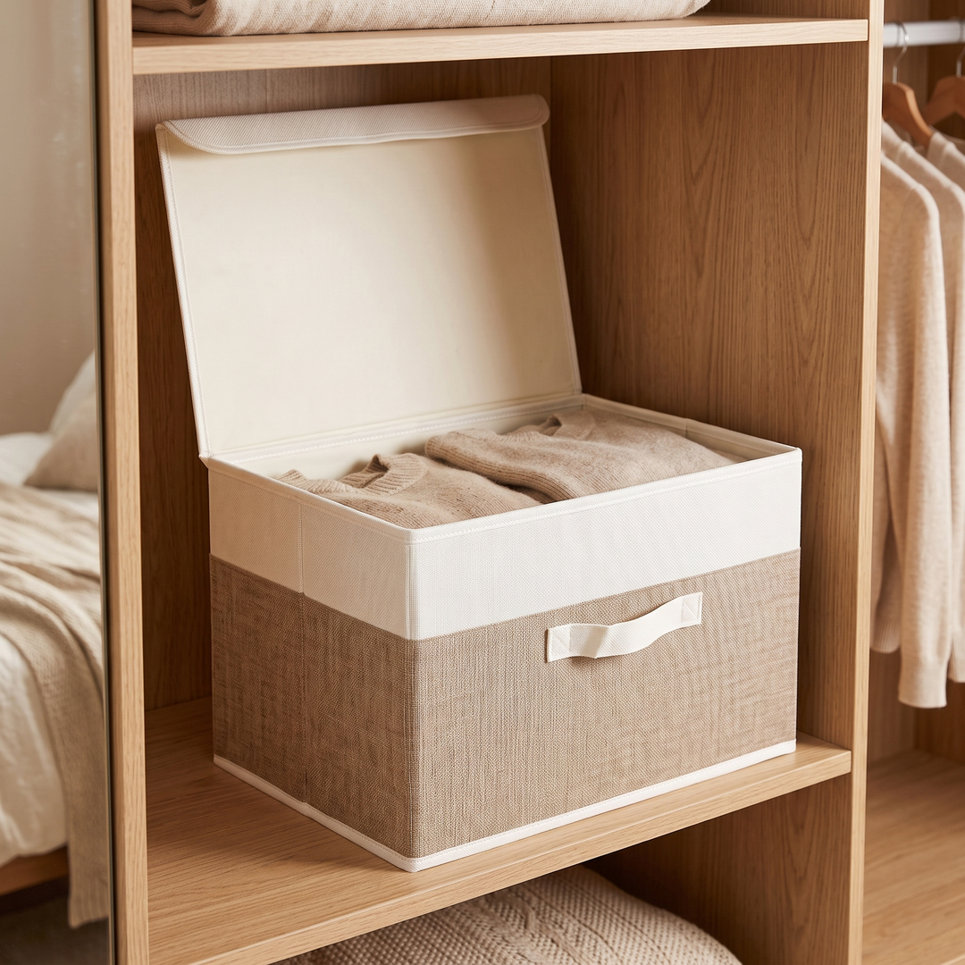 Fabric Storage Bin with Lid – Foldable in White &amp; Beige – open lid with folded knit sweaters, on oak closet shelf