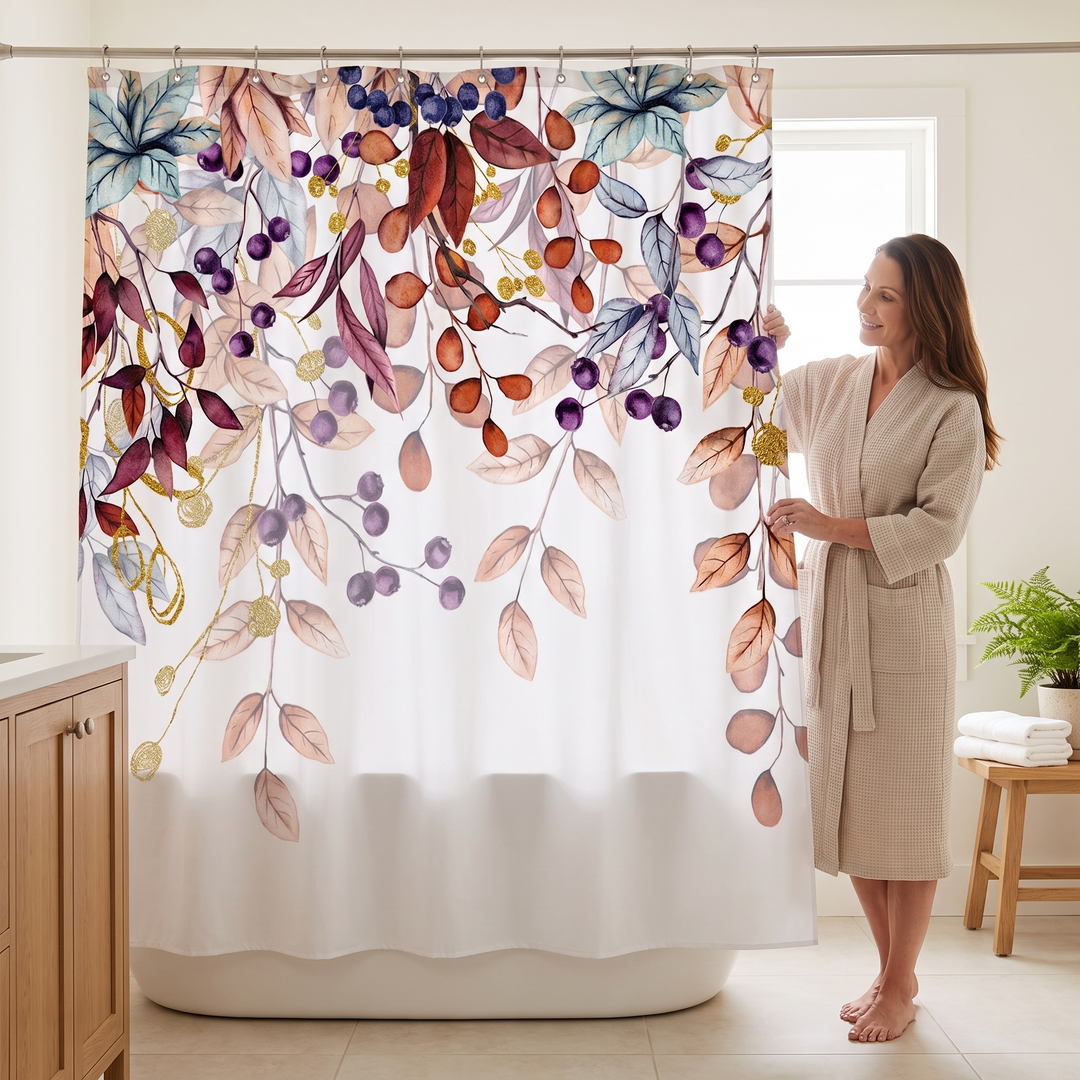 Fall Shower Curtain – Watercolor Leaves &amp; Berries in White – Berry Vines – woman in a robe holding the curtain&