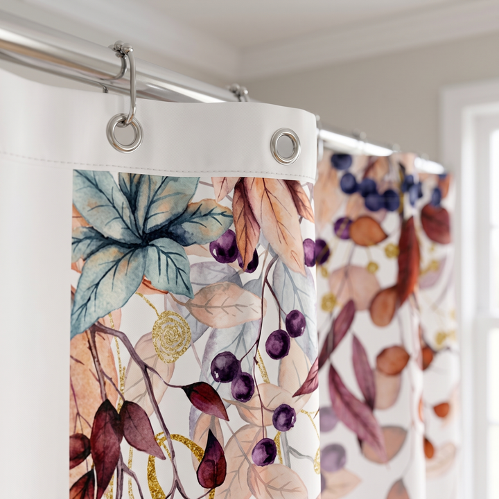 Fall Shower Curtain – Watercolor Leaves &amp; Berries in White – Berry Vines – close-up of the top edge and grommets on a rod