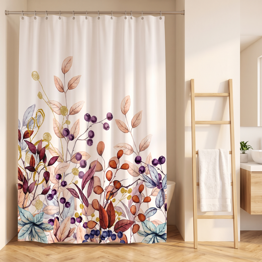 Fall Shower Curtain – Watercolor Leaves &amp; Berries in White – Berry Border – hanging beside a floating wood vanity on herringbone flooring