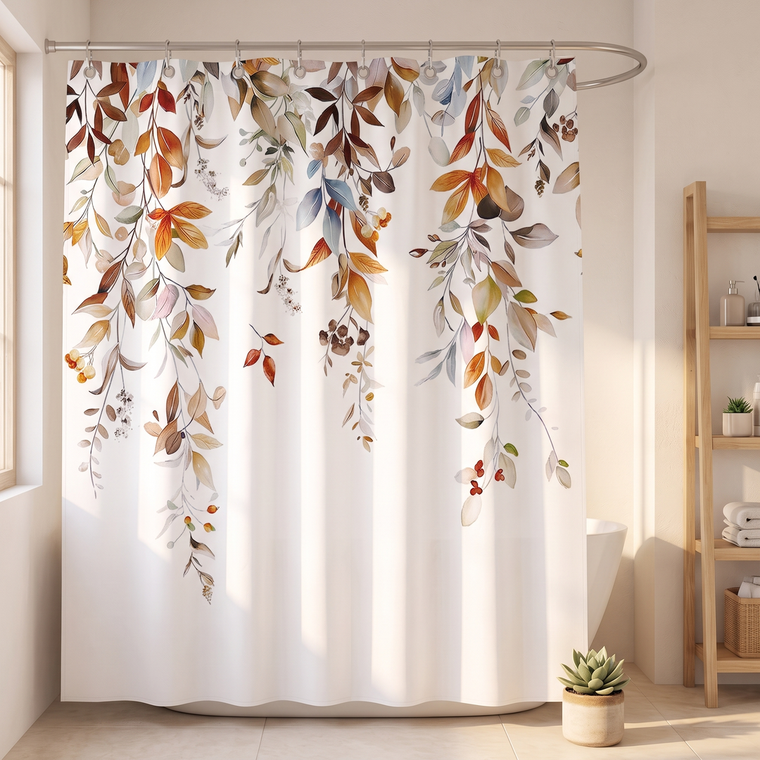 Fall Shower Curtain – Watercolor Leaves &amp; Berries in White – Falling Leaves – full-length front view with potted succulent and wooden ladder shelf