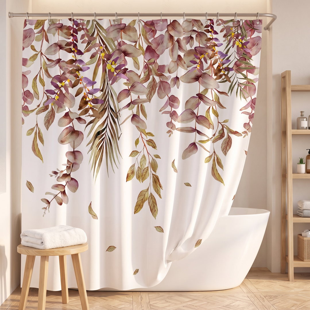 Fall Shower Curtain – Watercolor Leaves &amp; Berries in White – Trailing Leaves – drawn back beside a wooden stool with folded towel and shelf