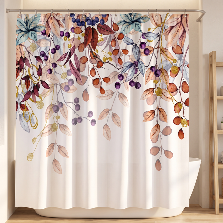 Fall Shower Curtain – Watercolor Leaves &amp; Berries in White – Berry Vines – hanging from a rod in a bathroom beside a freestanding tub