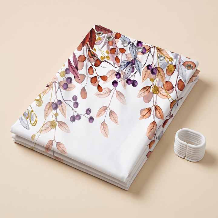Fall Shower Curtain – Watercolor Leaves &amp; Berries in White – Berry Vines – folded neatly on a beige surface beside a stack of white rings