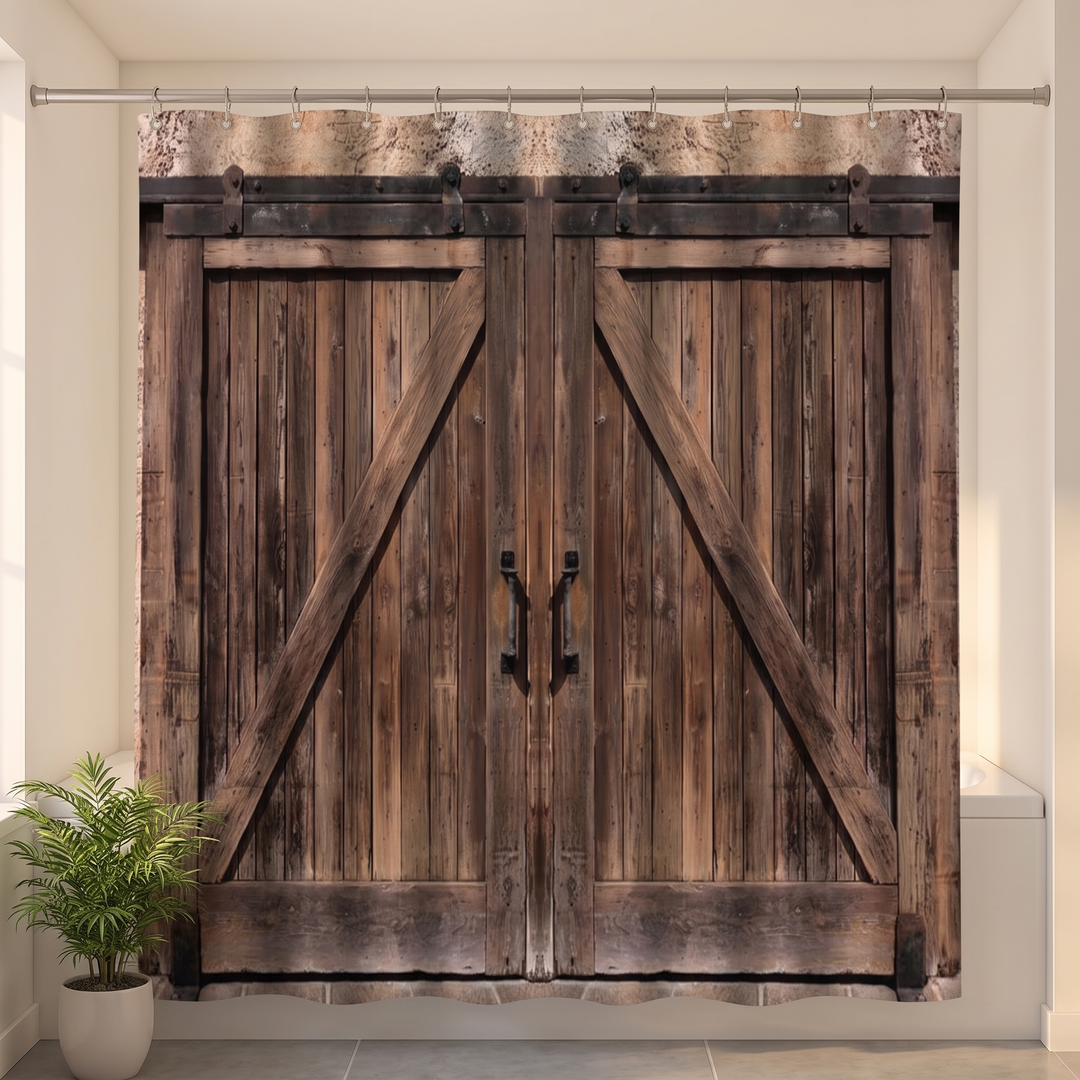 Farmhouse Shower Curtain – Rustic Barn Door Print in Brown – Barn Doors – straight-on full view beside a potted plant on tile floor
