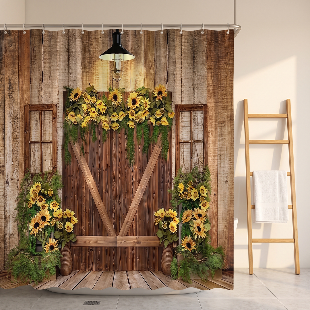 Farmhouse Shower Curtain – Rustic Barn Door Print in Brown – Sunflower Barn Door – hanging beside a wooden ladder holding a white towel