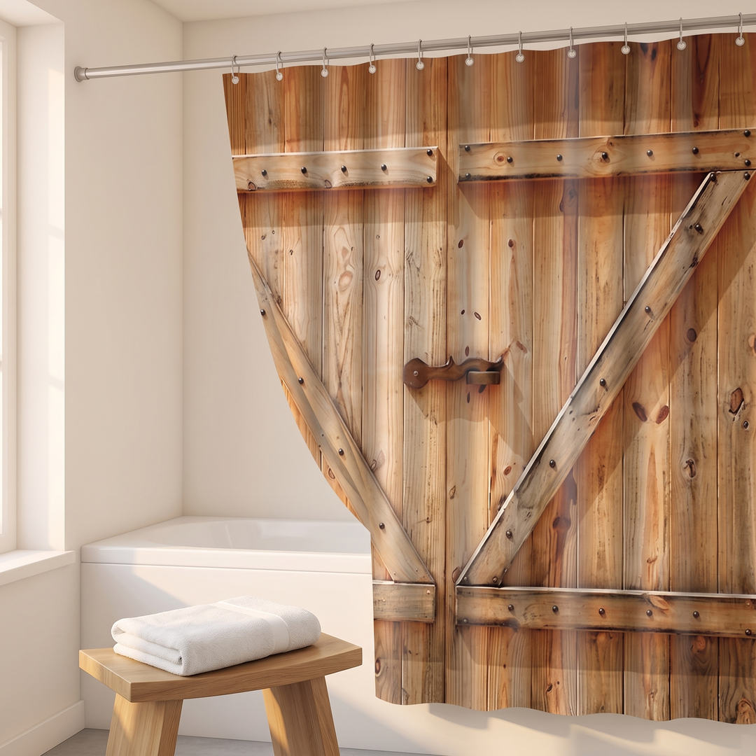Farmhouse Shower Curtain – Rustic Barn Door Print in Camel – Barn Door – beside a wooden stool holding a folded white towel