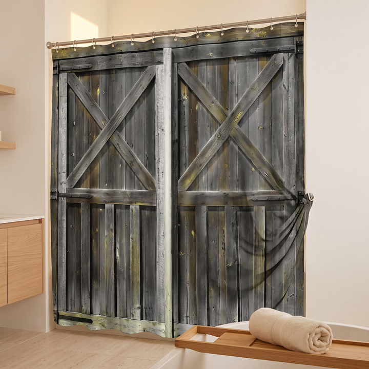 Farmhouse Shower Curtain – Rustic Barn Door Print in Gray – Barn Doors – angled view with rolled towel on wooden tub tray