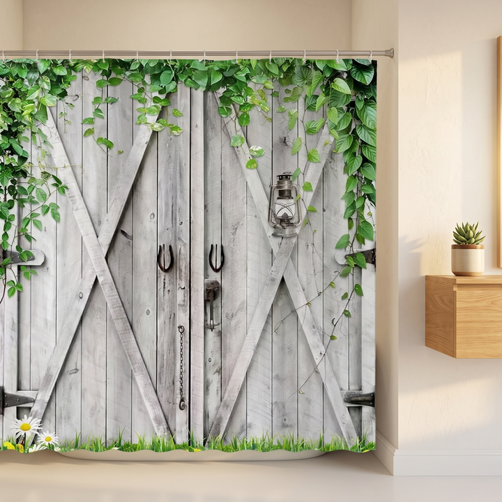 Farmhouse Shower Curtain – Rustic Barn Door Print in Light Gray – Barn Doors &amp; Ivy – next to a floating wooden shelf holding a small succulent