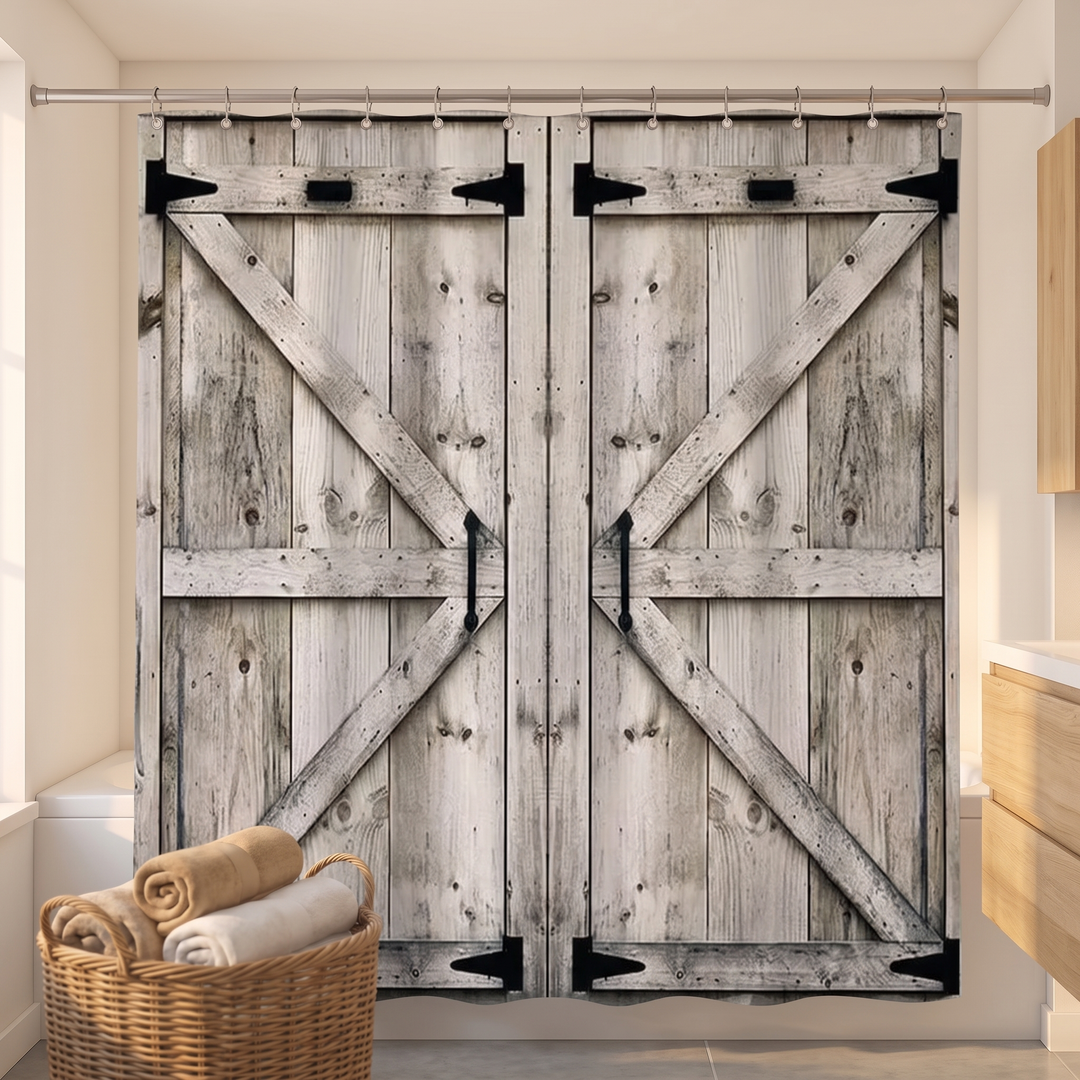 Farmhouse Shower Curtain – Rustic Barn Door Print in Light Gray – Barn Doors – hanging closed with a wicker basket of rolled towels in front