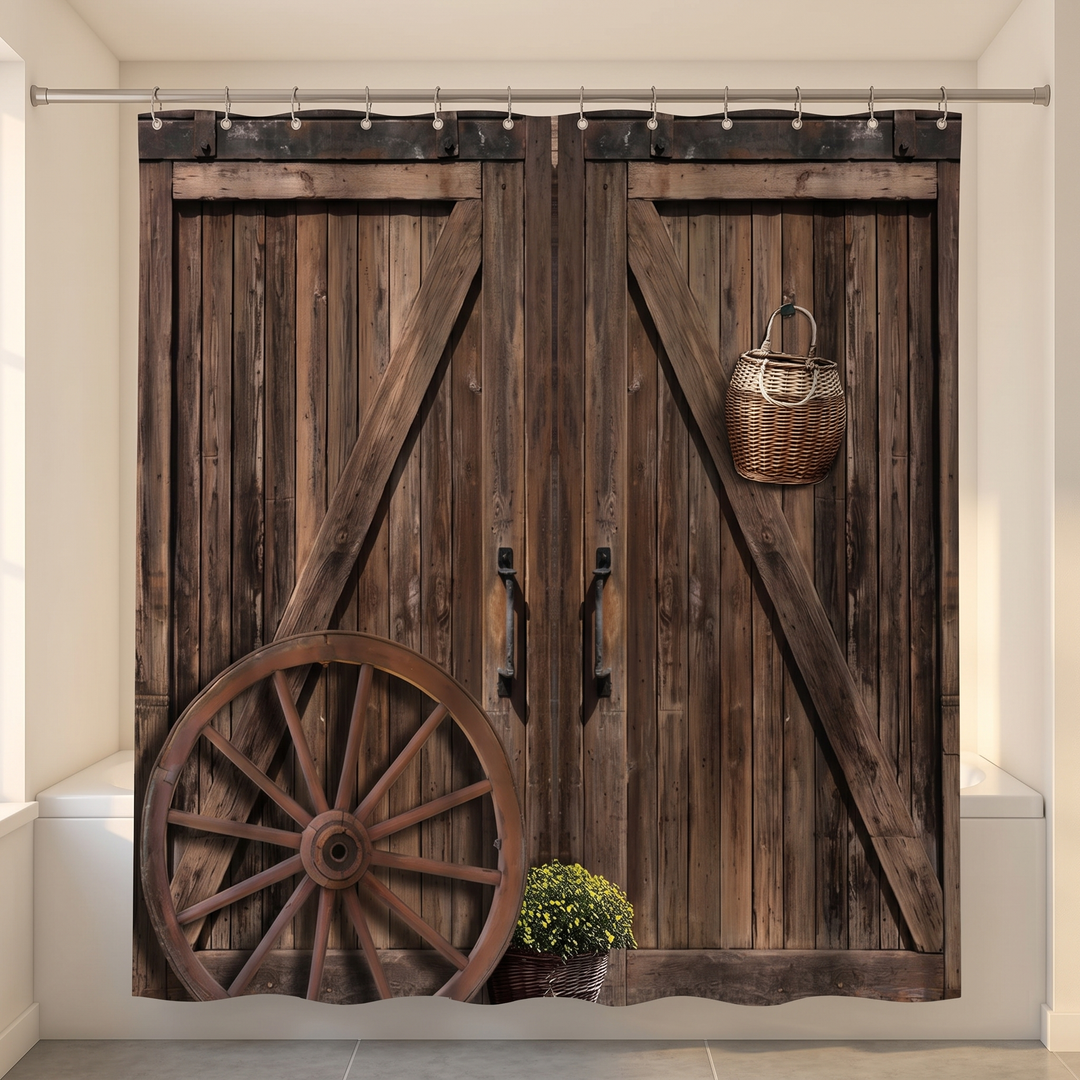 Farmhouse Shower Curtain – Rustic Barn Door Print in Brown – Barn Doors &amp; Wagon Wheel – hanging from a rod over a white bathtub in a bright bathroom