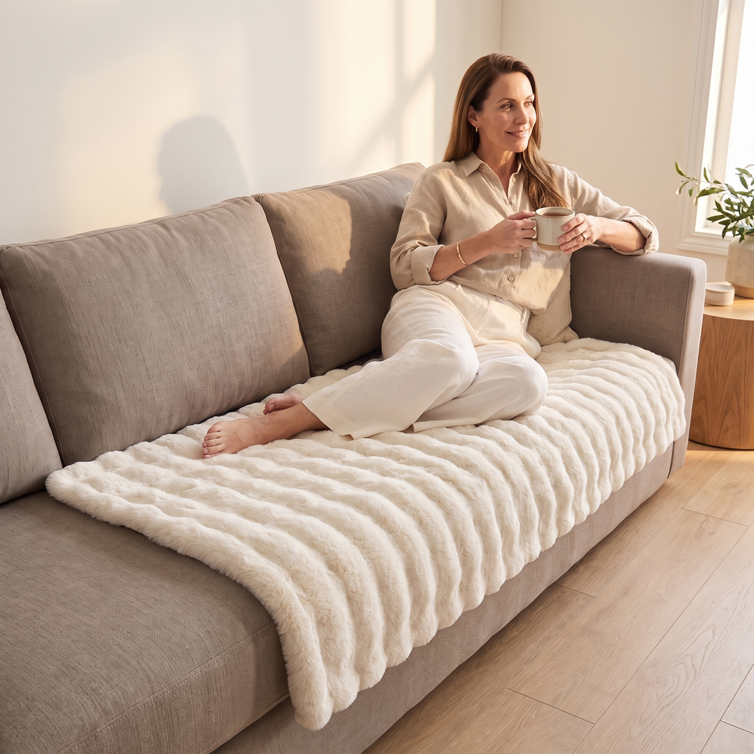 Faux Fur Couch Cover – Plush Bubble Pad in Cream – on a sofa with a barefoot woman holding a mug
