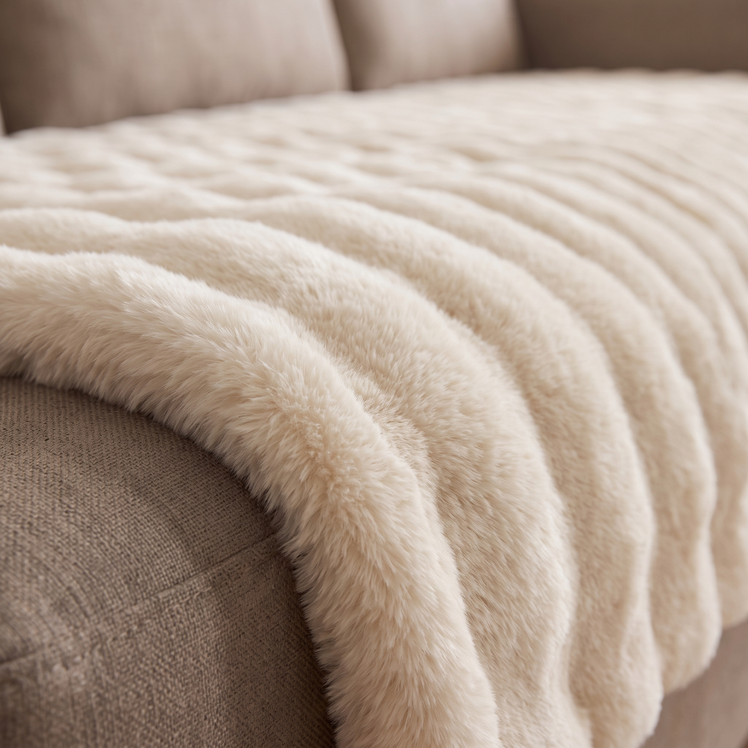 Faux Fur Couch Cover – Plush Bubble Pad in Cream – close-up of the plush quilted texture draping over a sofa cushion edge