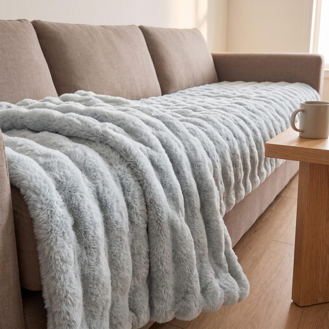 Faux Fur Couch Cover – Plush Bubble Pad in Light Gray – hanging over sofa front beside a side table with mug