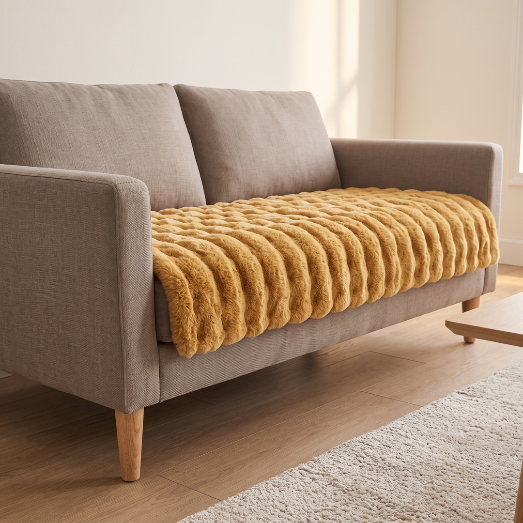 Faux Fur Couch Cover – Plush Bubble Pad in Mustard – three-quarter view with wooden sofa legs and cream rug