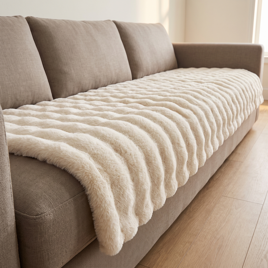 Faux Fur Couch Cover – Plush Bubble Pad in Cream – spread across a taupe fabric sofa seat in a sunlit room