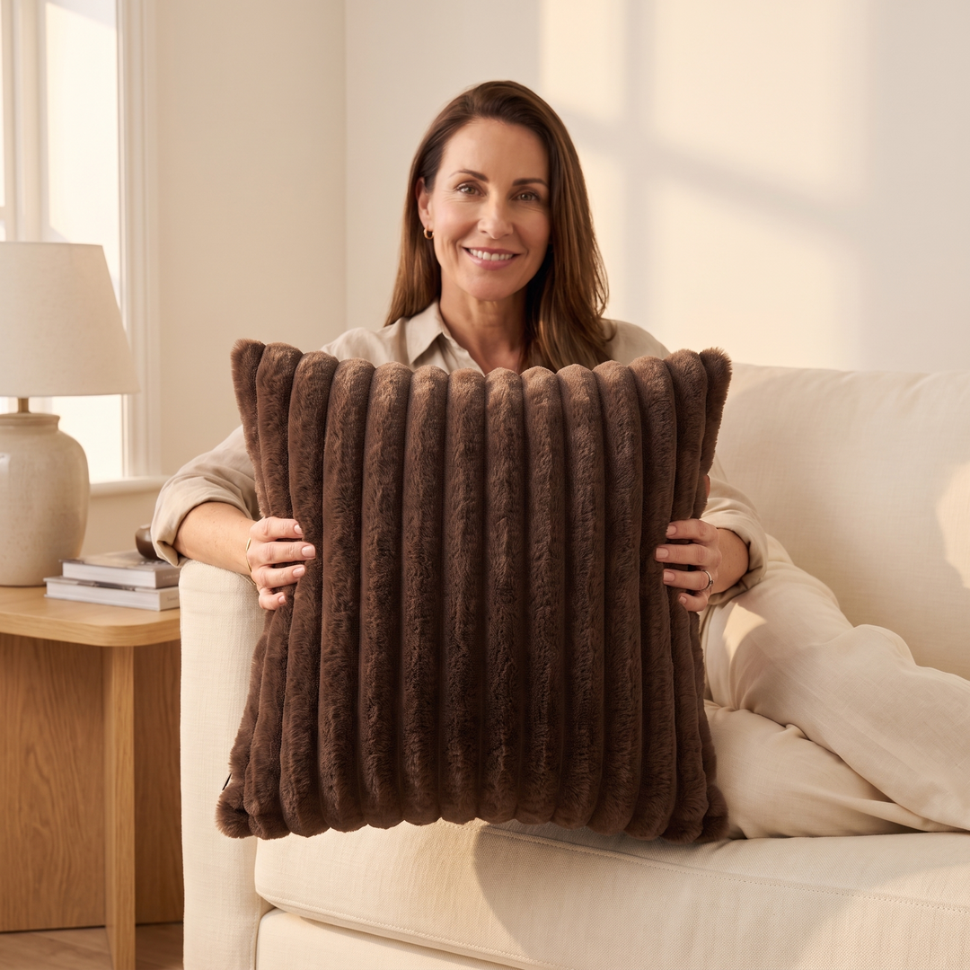 Faux Fur Pillow Cover – Ribbed Plush in Chocolate Brown