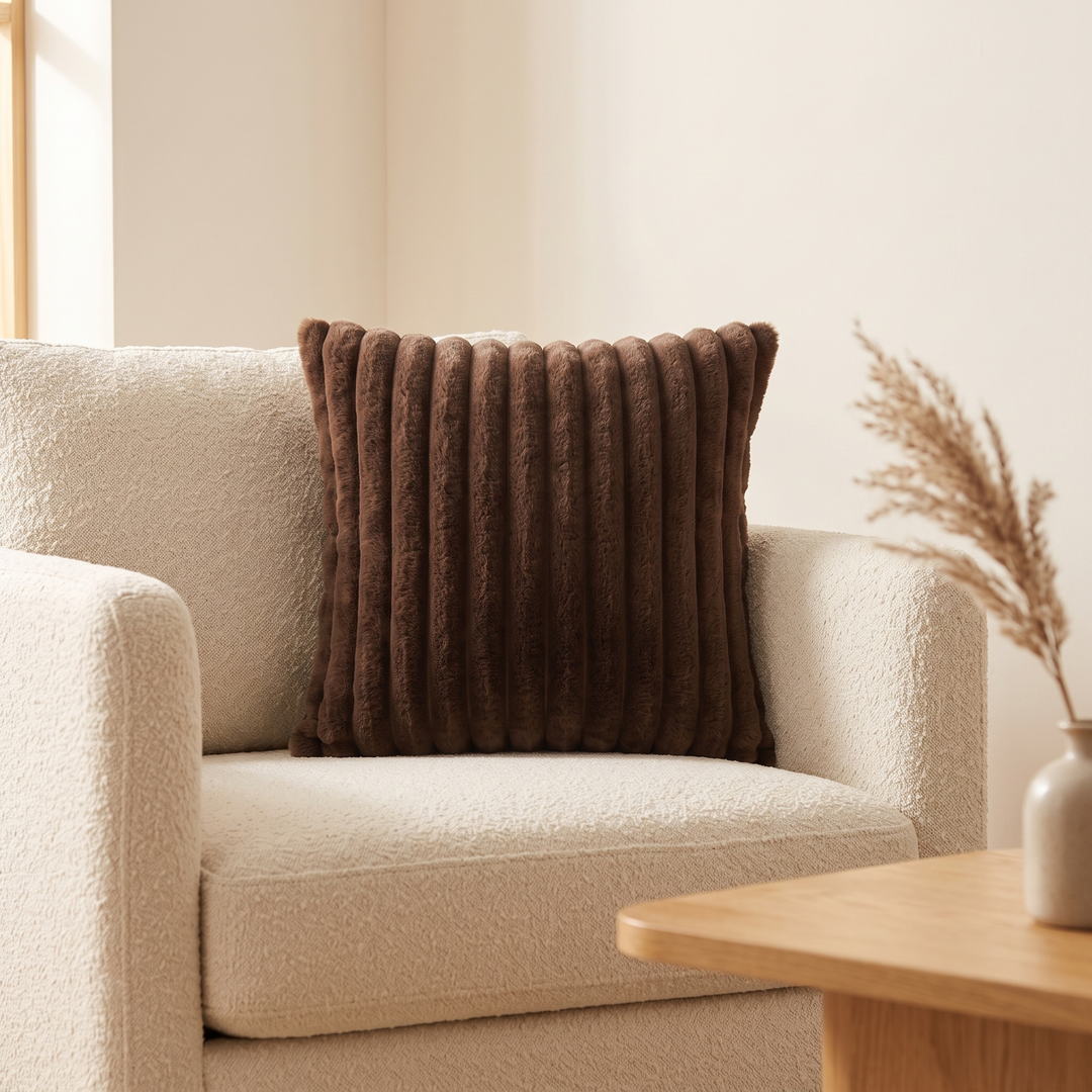 Faux Fur Pillow Cover – Ribbed Plush in Chocolate Brown