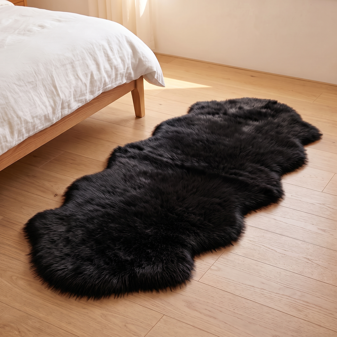 Shaggy Faux Sheepskin Rug in Black – running alongside a wooden bed frame with rumpled linen